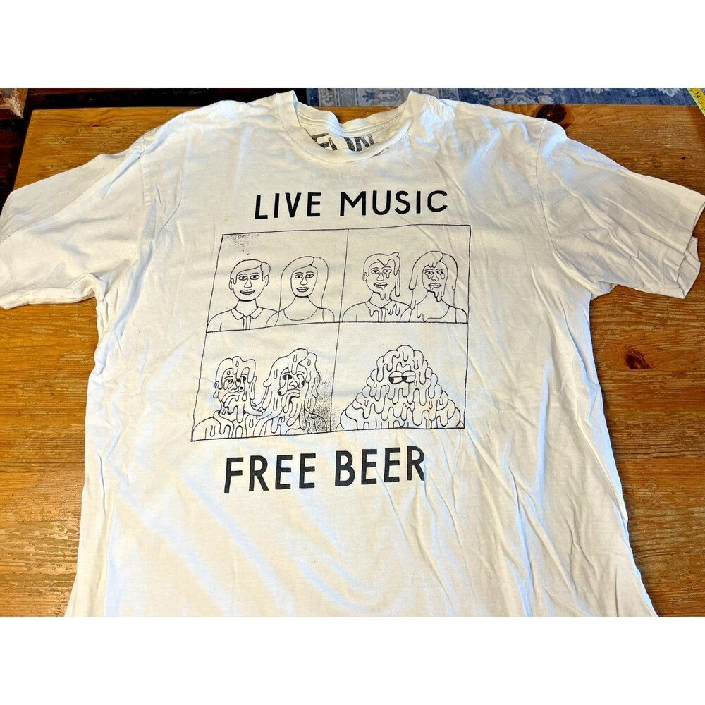 Live Music Free Beer T-Shirt Graphic Print Unique Tee Size Large Comic Strip